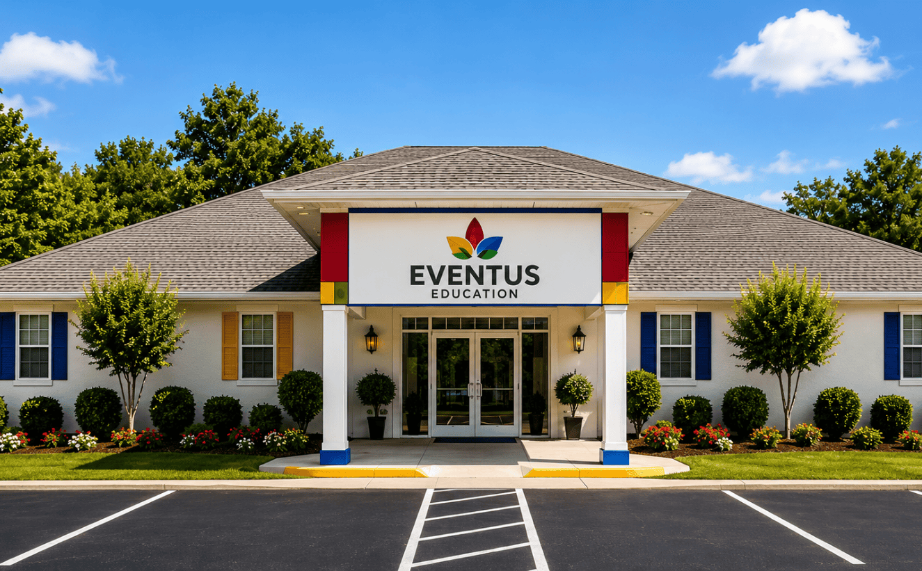Front view of Eventus Education building with a bright sign, glass doors, and landscaped entrance.